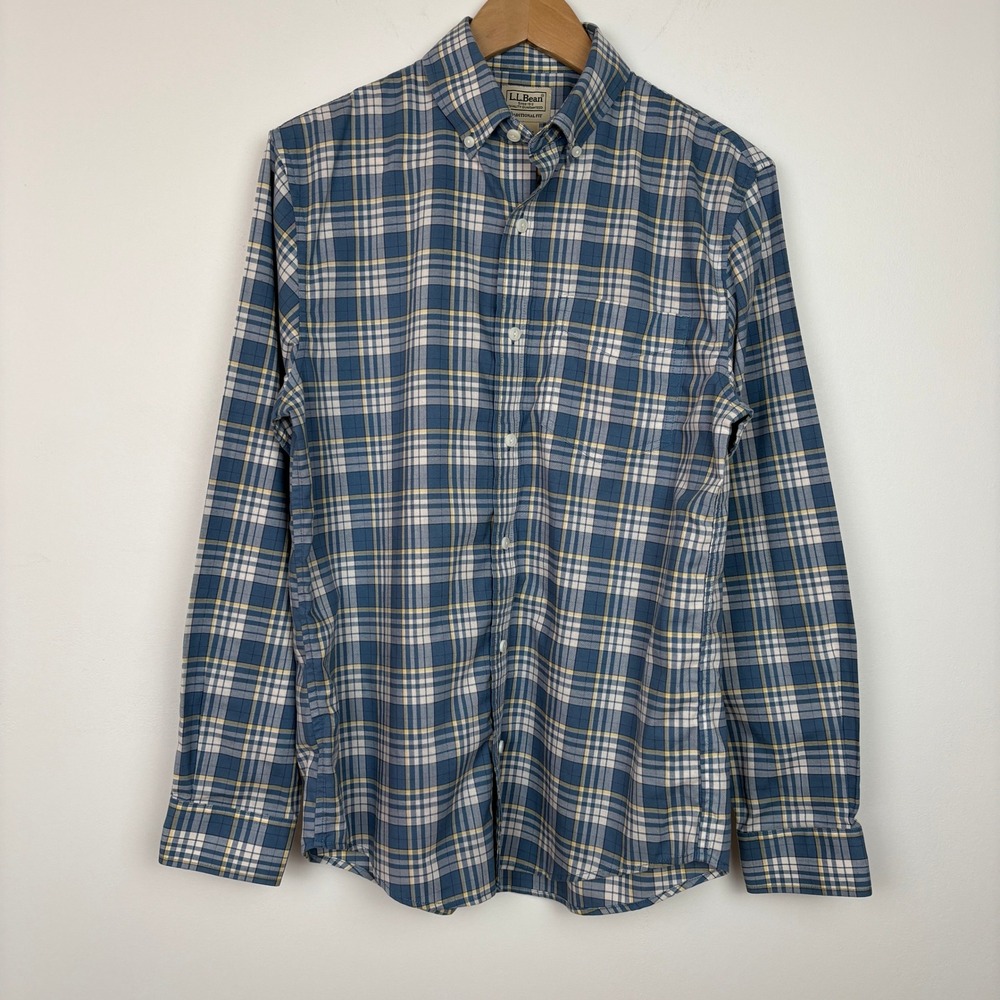 LL Bean Mens Button Down Shirt S Blue Plaid Traditional Fit Long Sleeve Preppy